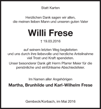 Traueranzeige von Willi Frese von Waldeckische Landeszeitung