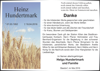 Traueranzeige von Heinz Hundertmark von Waldeckische Landeszeitung