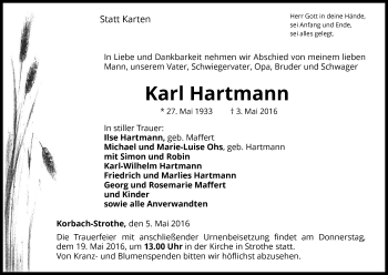 Traueranzeige von Karl Hartmann von Waldeckische Landeszeitung