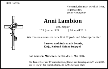 Traueranzeige von Anni Lambion von Waldeckische Landeszeitung