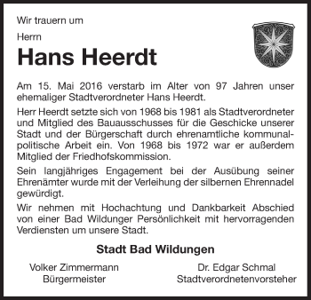 Traueranzeige von Hans Heerdt von Waldeckische Landeszeitung