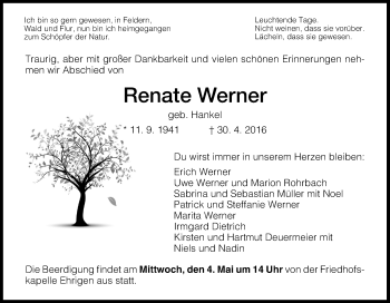 Traueranzeige von Renate Werner von Waldeckische Landeszeitung