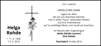 Traueranzeige von Helga Rohde von Waldeckische Landeszeitung