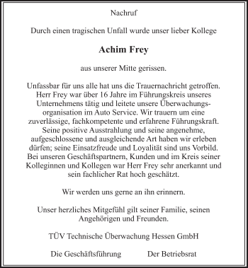 Traueranzeige von Achim Frey von Waldeckische Landeszeitung