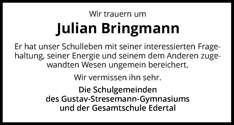  Traueranzeige für Julian Bringmann vom 07.05.2016 aus Waldeckische Landeszeitung