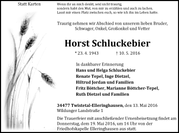Traueranzeige von Horst Schluckebier von Waldeckische Landeszeitung
