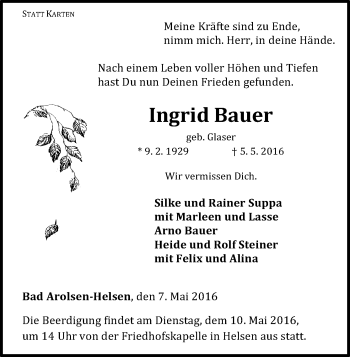 Traueranzeige von Ingrid Bauer von Waldeckische Landeszeitung