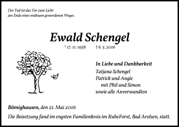 Traueranzeige von Ewald Schengel von Waldeckische Landeszeitung