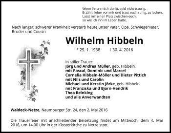 Traueranzeige von Wilhelm Hibbeln von Waldeckische Landeszeitung