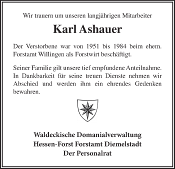 Traueranzeige von Karl Ashauer von Waldeckische Landeszeitung