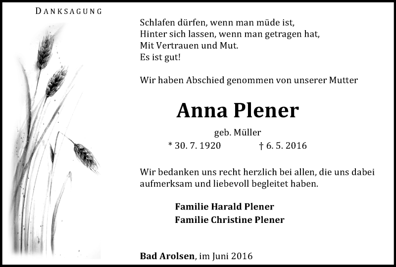  Traueranzeige für Anna Plener vom 17.06.2016 aus Waldeckische Landeszeitung