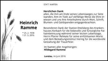 Traueranzeige von Heinrich Ramme von Waldeckische Landeszeitung