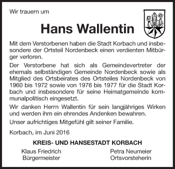 Traueranzeige von Hans Wallentin von Waldeckische Landeszeitung