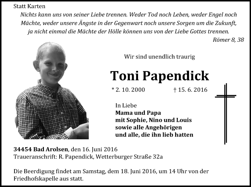 Traueranzeige für Toni Papendick vom 16.06.2016 aus Waldeckische Landeszeitung