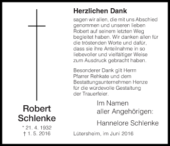 Traueranzeige von Robert Schlenke von Waldeckische Landeszeitung