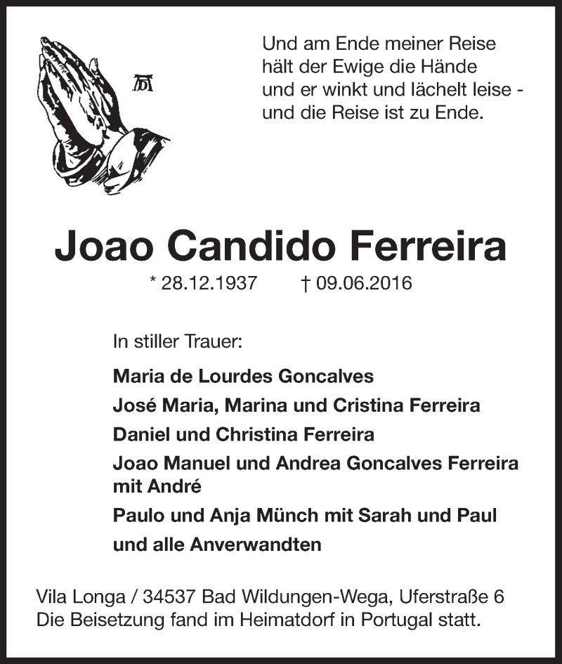  Traueranzeige für Joao Candido Ferreira vom 14.06.2016 aus Waldeckische Landeszeitung