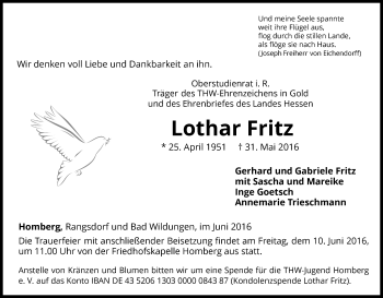 Traueranzeige von Lothar Fritz von Waldeckische Landeszeitung