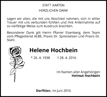 Traueranzeige von Helene Hochbein von Waldeckische Landeszeitung