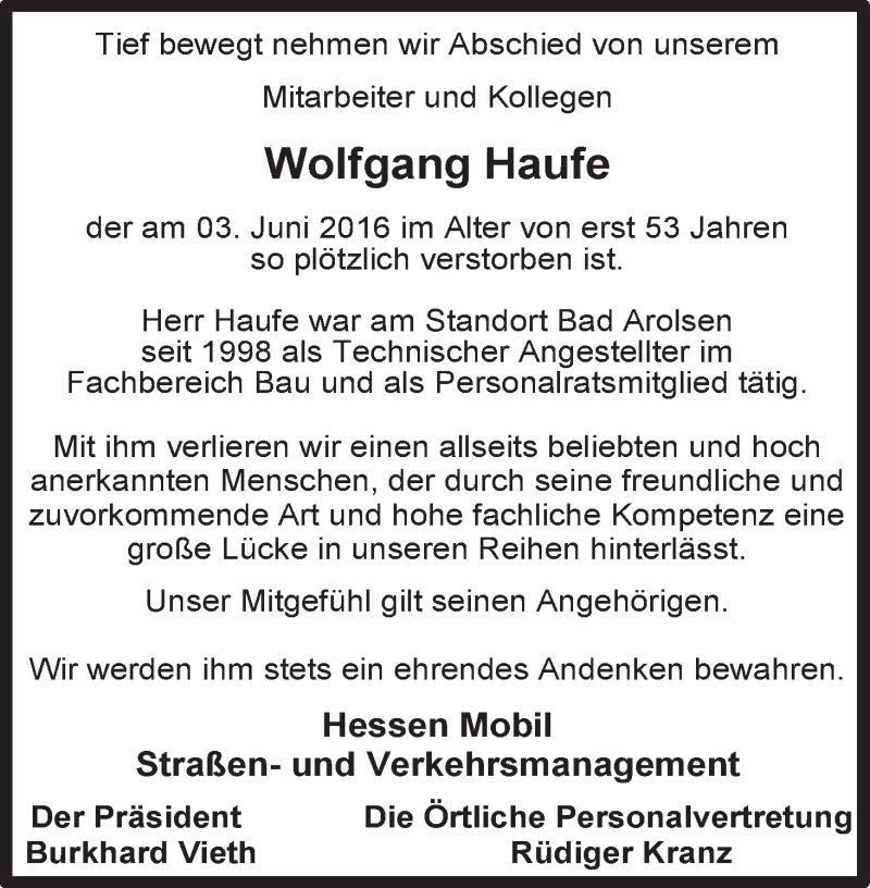 Traueranzeige für Wolfgang Haufe vom 22.06.2016 aus Waldeckische Landeszeitung