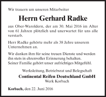 Traueranzeige von Gerhard Radke von Waldeckische Landeszeitung