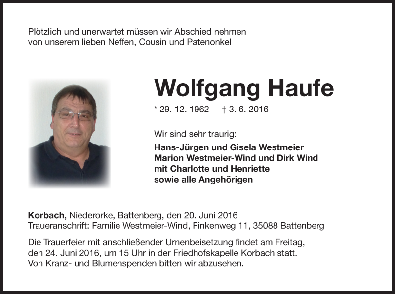  Traueranzeige für Wolfgang Haufe vom 18.06.2016 aus Waldeckische Landeszeitung