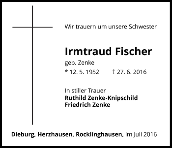 Traueranzeige von Irmtraud Fischer von Waldeckische Landeszeitung