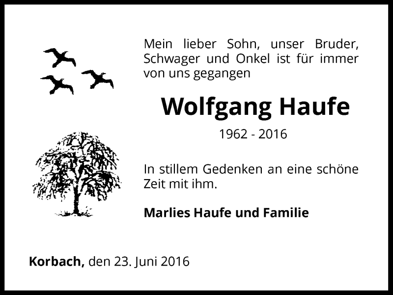  Traueranzeige für Wolfgang Haufe vom 23.06.2016 aus Waldeckische Landeszeitung