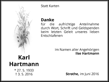 Traueranzeige von Karl Hartmann von Waldeckische Landeszeitung