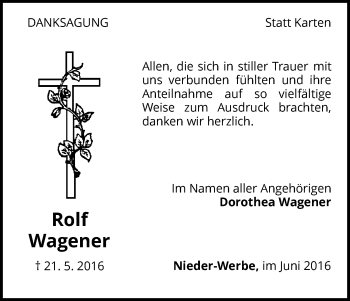 Traueranzeige von Rolf Wagener von Waldeckische Landeszeitung