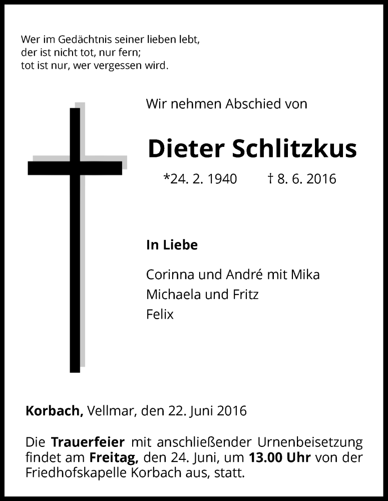  Traueranzeige für Dieter Schlitzkus vom 22.06.2016 aus Waldeckische Landeszeitung