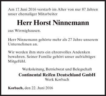 Traueranzeige von Horst Ninnemann von Waldeckische Landeszeitung