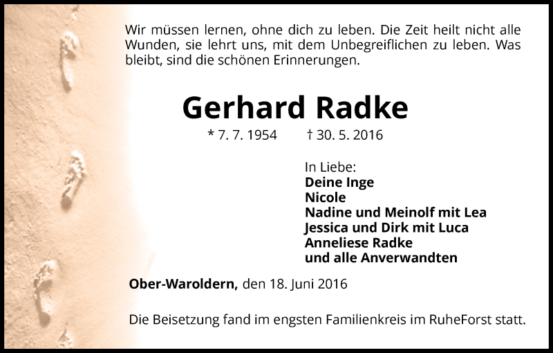  Traueranzeige für Gerhard Radke vom 17.06.2016 aus Waldeckische Landeszeitung