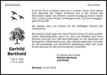 Traueranzeige von Gerhild Berthold von Waldeckische Landeszeitung