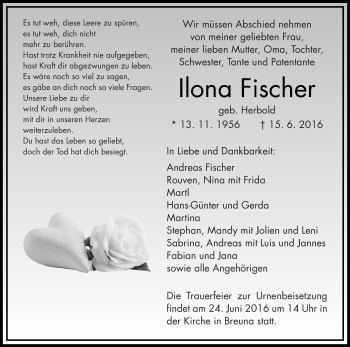 Traueranzeige von Ilona Fischer von Waldeckische Landeszeitung