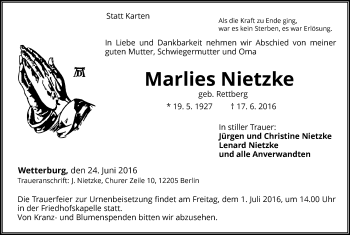 Traueranzeige von Marlies Nietzke von Waldeckische Landeszeitung