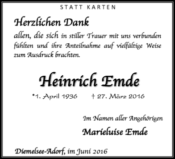 Traueranzeige von Heinrich Emde von Waldeckische Landeszeitung