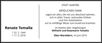 Traueranzeige von Renate Tomalla von Waldeckische Landeszeitung