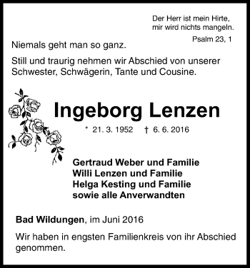 Traueranzeige von Ingeborg Lenzen von Waldeckische Landeszeitung