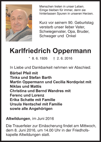 Traueranzeige von Karlfriedrich Oppermann von Waldeckische Landeszeitung