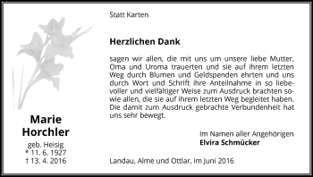 Traueranzeige von Marie Horchler von Waldeckische Landeszeitung