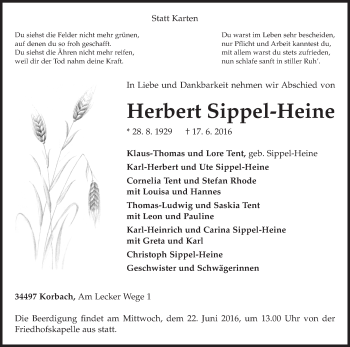 Traueranzeige von Herbert Sippel-Heine von Waldeckische Landeszeitung