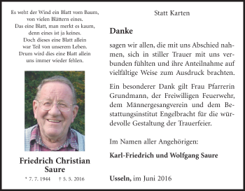 Traueranzeige von Friedrich Christian Saure von Waldeckische Landeszeitung