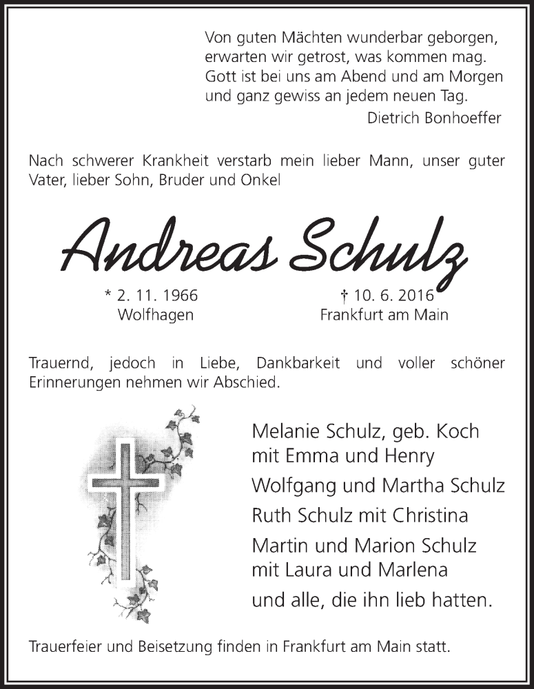  Traueranzeige für Andreas Schulz vom 14.06.2016 aus Waldeckische Landeszeitung