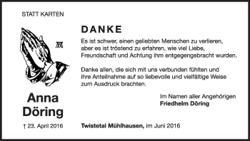 Traueranzeige von Anna Döring von Waldeckische Landeszeitung