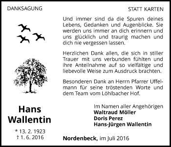 Traueranzeige von Hans Wallentin von Waldeckische Landeszeitung