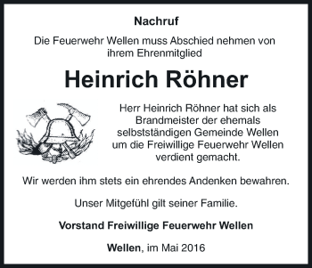 Traueranzeige von Heinrich Röhner von Waldeckische Landeszeitung