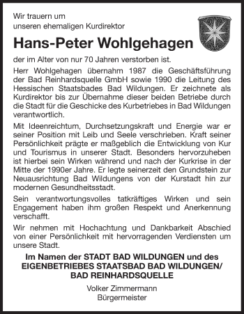 Traueranzeige von Hans-Peter Wohlgehagen von Waldeckische Landeszeitung