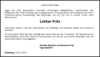 Traueranzeige von Lothar Fritz von Waldeckische Landeszeitung