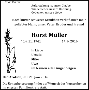 Traueranzeige von Horst Müller von Waldeckische Landeszeitung
