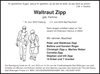 Traueranzeige von Waltraut Zipp von Waldeckische Landeszeitung